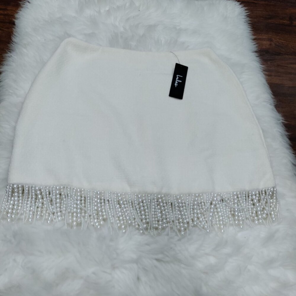 Lulus Boho Sweetly Elite Ivory Tweed Pearl Fringe High-Rise Mini Skirt M, NWT - Picture 6 of 11